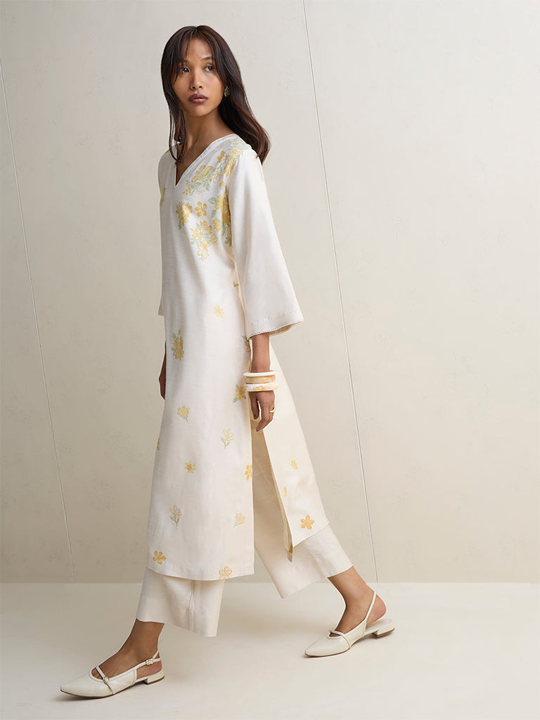 Zuba Ivory Floral Design A-Line Kurta