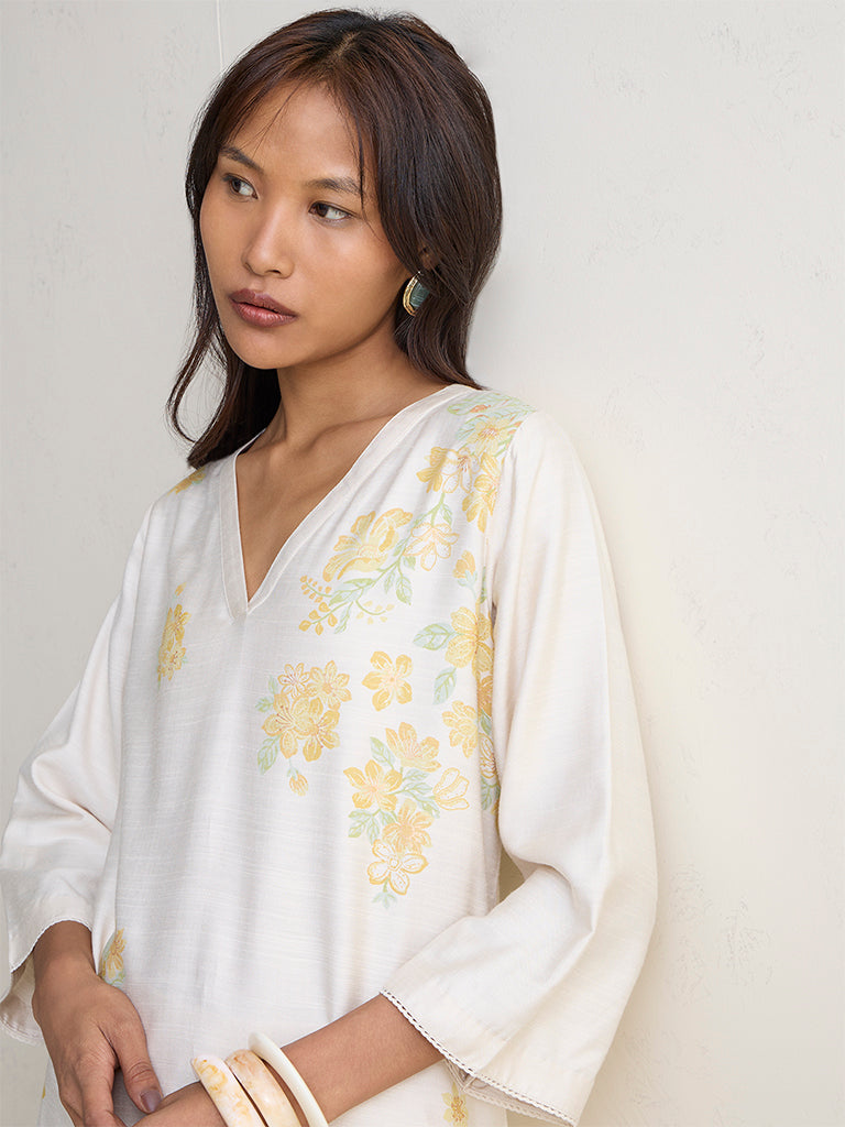 Zuba Ivory Floral Design A-Line Kurta