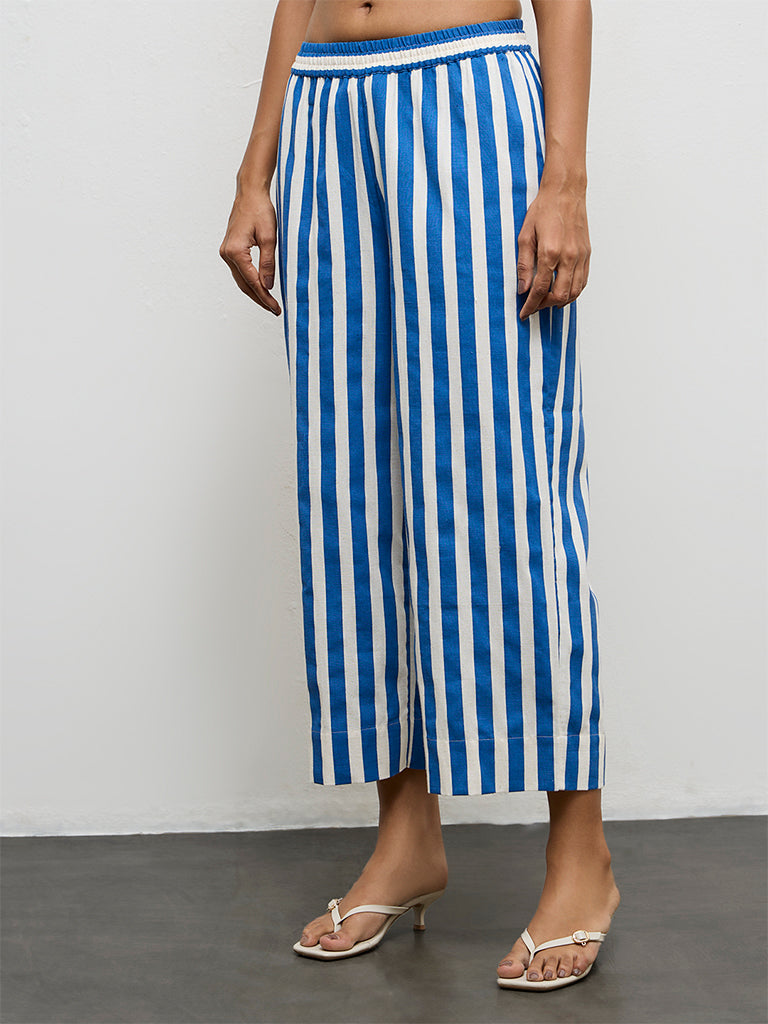Utsa Blue Striped Cotton-Blend Pants