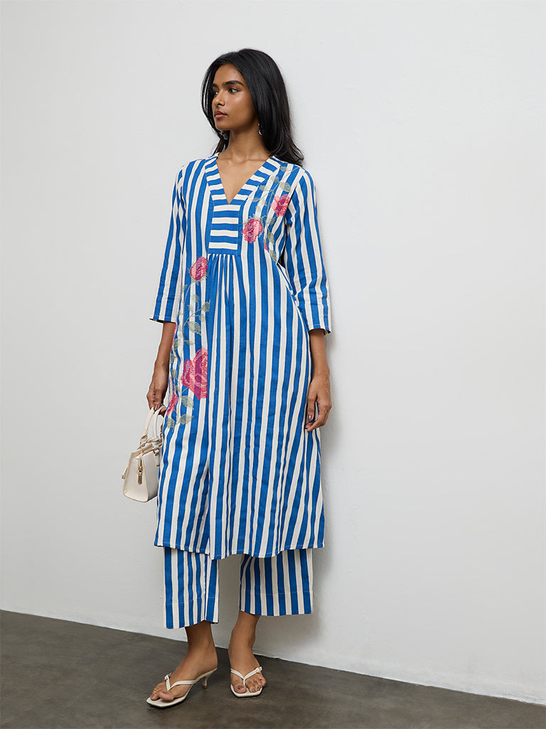 Utsa Blue Striped Cotton-Blend Pants
