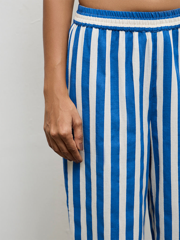 Utsa Blue Striped Cotton-Blend Pants
