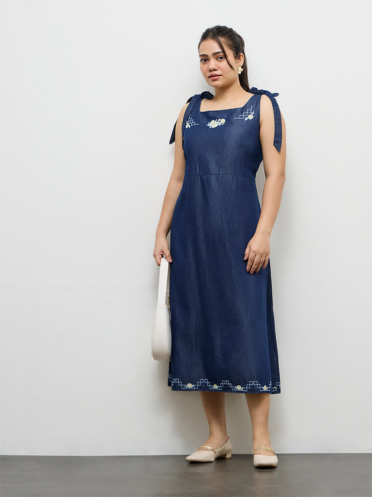 Gia Dark Blue Embroidered A-Line Denim Dress
