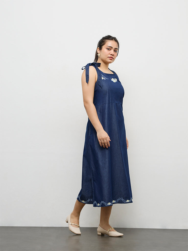 Gia Dark Blue Embroidered A-Line Denim Dress