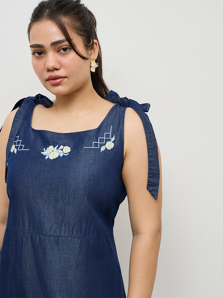 Gia Dark Blue Embroidered A-Line Denim Dress