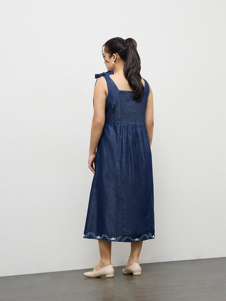 Gia Dark Blue Embroidered A-Line Denim Dress