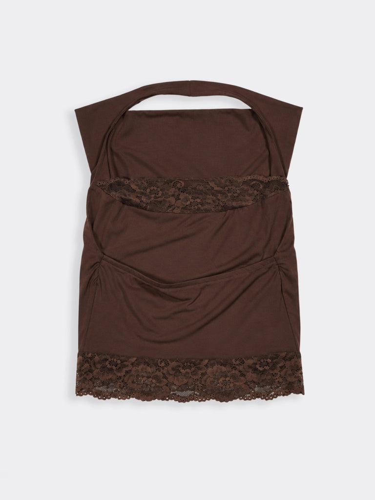 Nuon Brown Lace-Detail Cowl Neck Top