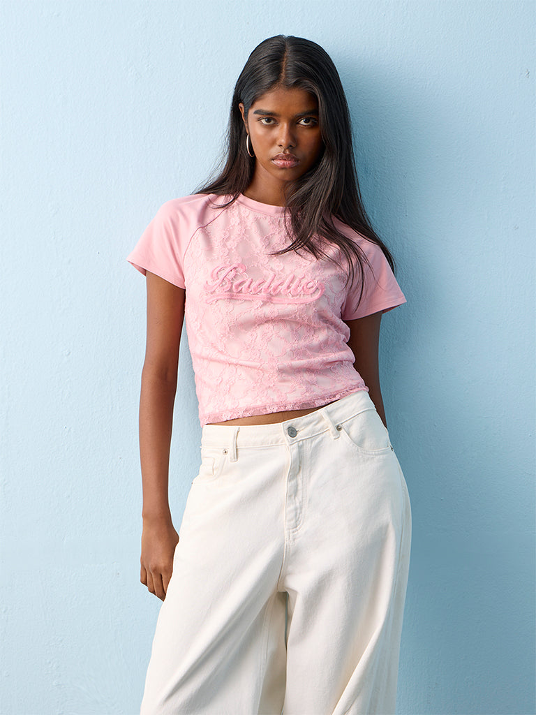 Nuon Pink Lace-Design Cotton T-Shirt