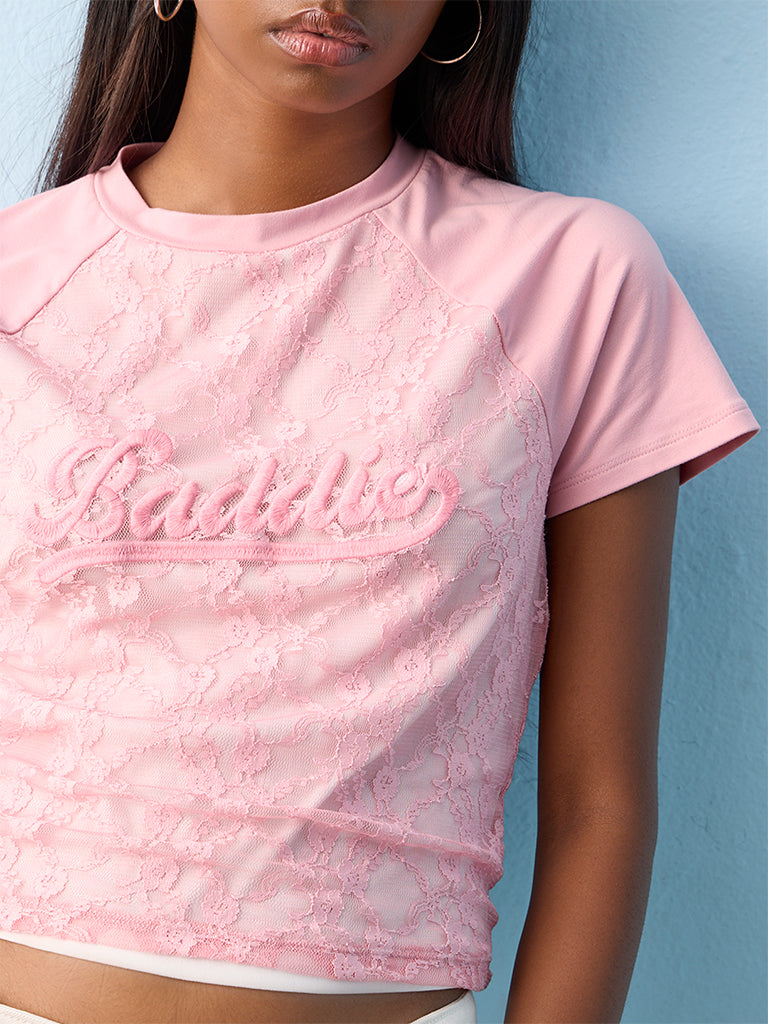 Nuon Pink Lace-Design Cotton T-Shirt