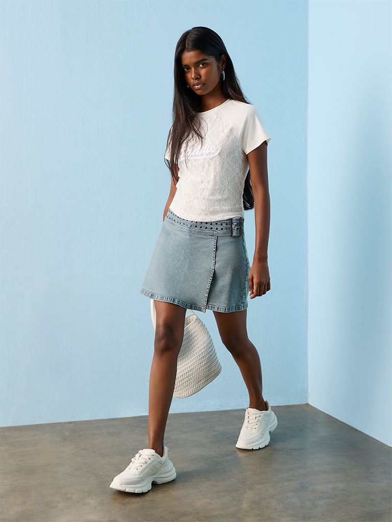 Nuon White Lace-Design Cotton T-Shirt