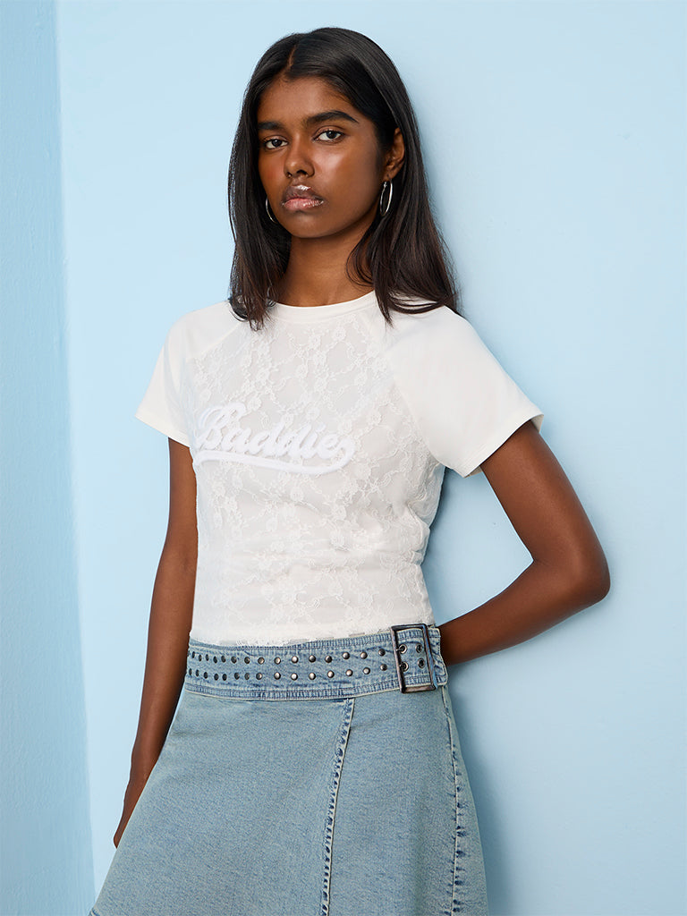 Nuon White Lace-Design Cotton T-Shirt