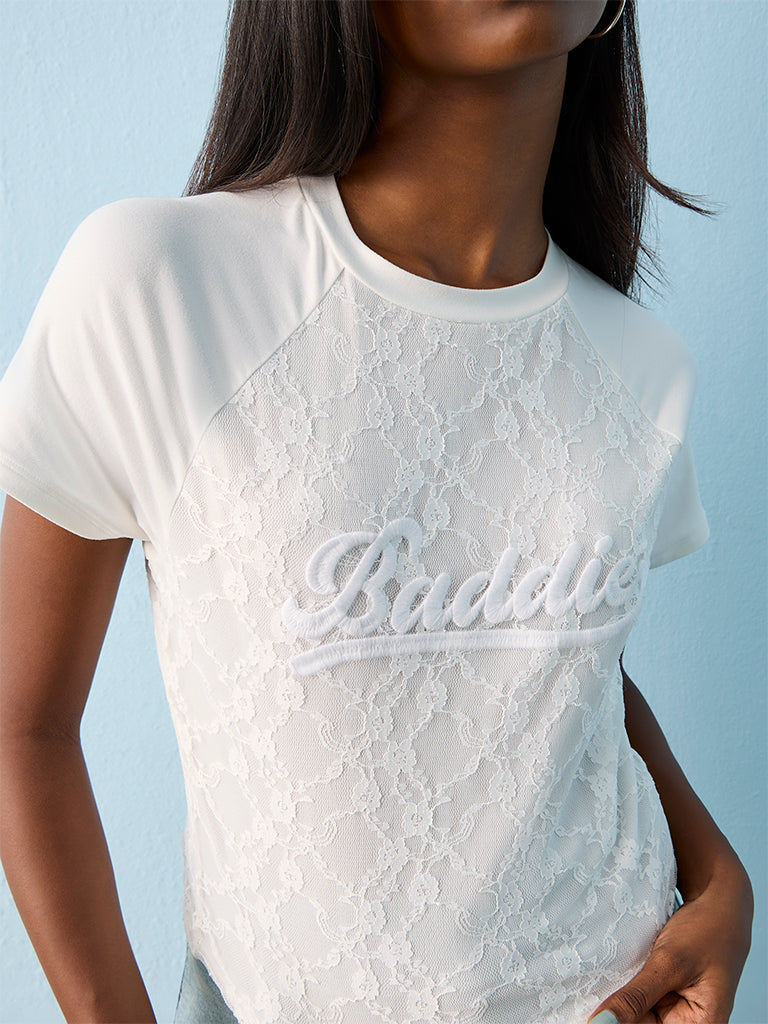 Nuon White Lace-Design Cotton T-Shirt