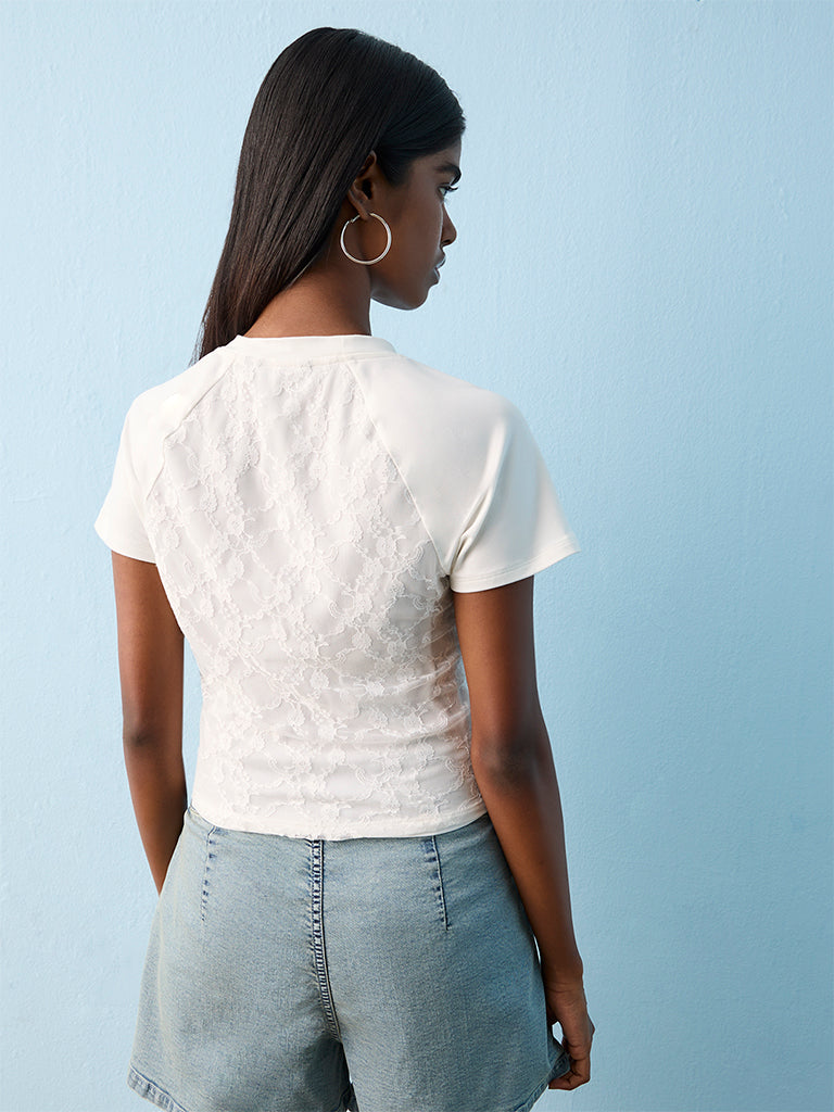 Nuon White Lace-Design Cotton T-Shirt