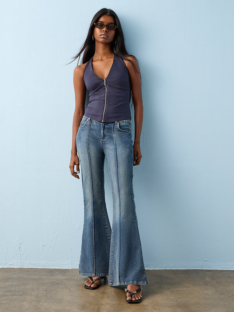 Nuon Navy Solid Halter-Neck Top