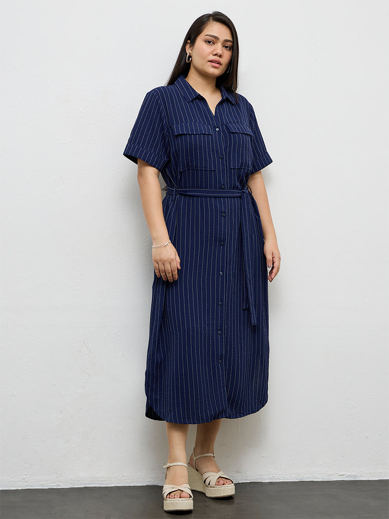 Gia Navy Striped Shirt Dress with Belt