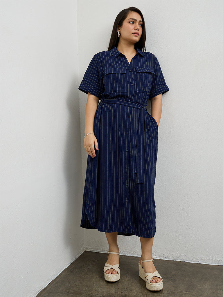 Gia Navy Striped Shirt Dress with Belt