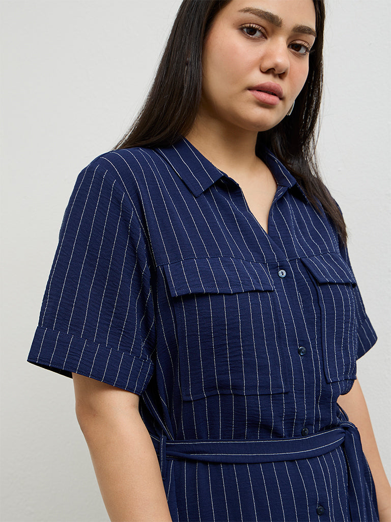 Gia Navy Striped Shirt Dress with Belt