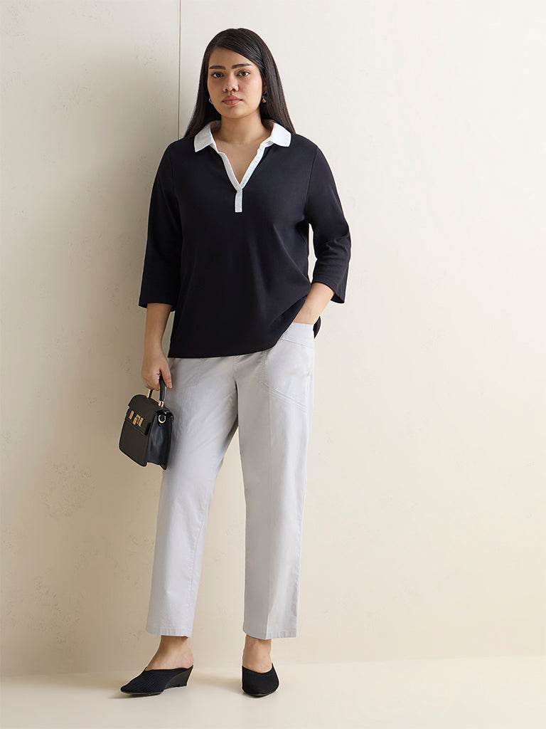 Gia Light Grey High-Rise Cotton-Blend Pants