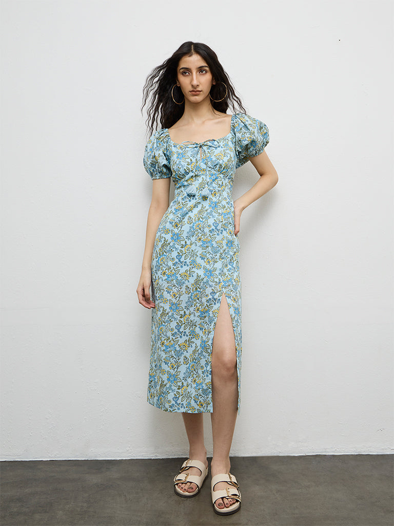Bombay Paisley Light Blue Floral Pattern Cotton A-Line Dress