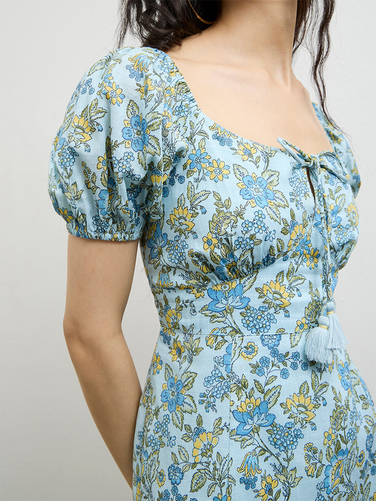 Bombay Paisley Light Blue Floral Pattern Cotton A-Line Dress