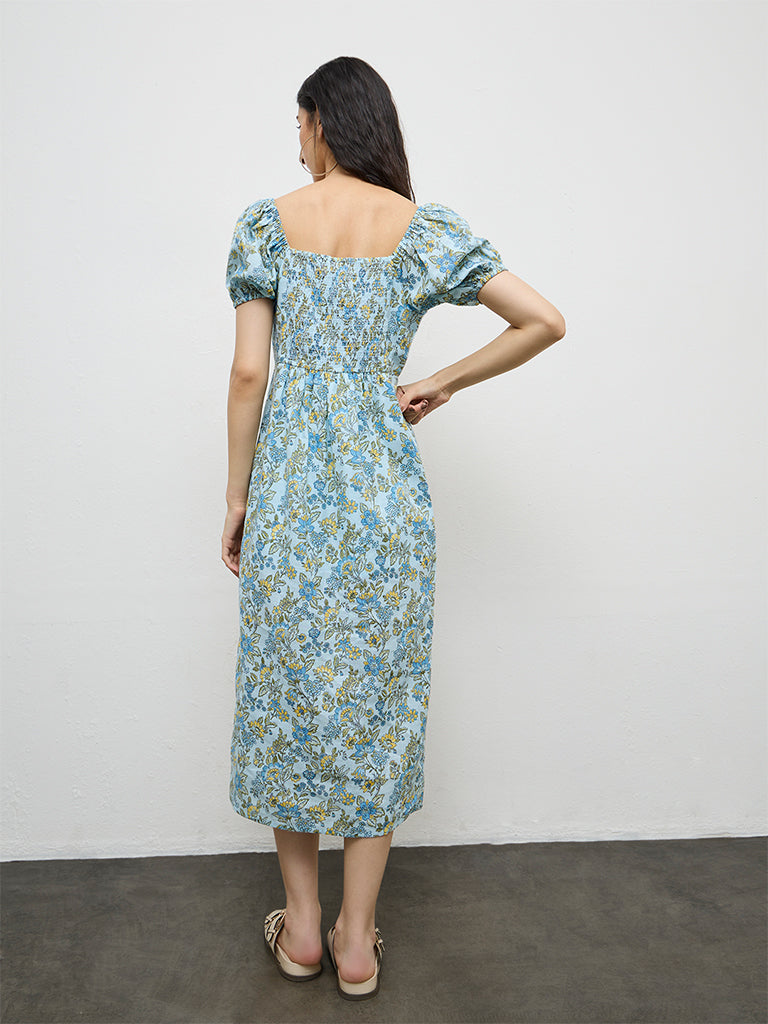 Bombay Paisley Light Blue Floral Pattern Cotton A-Line Dress