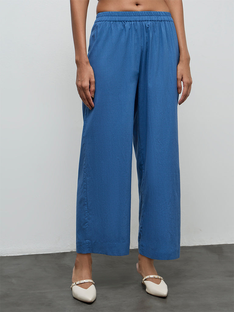 Zuba Navy Pinstriped High-Rise Silk Chanderi Pants