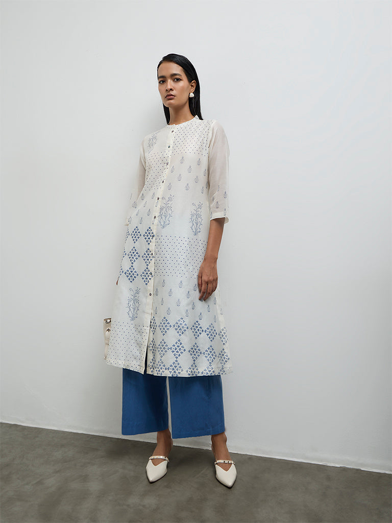 Zuba Navy Pinstriped High-Rise Silk Chanderi Pants
