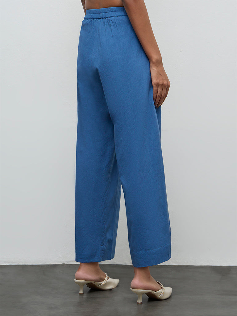 Zuba Navy Pinstriped High-Rise Silk Chanderi Pants