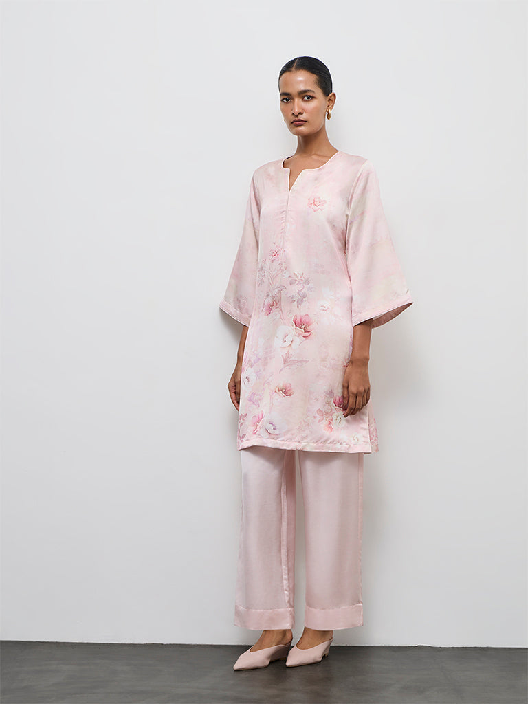Zuba Pink Floral Printed A-Line Kurta