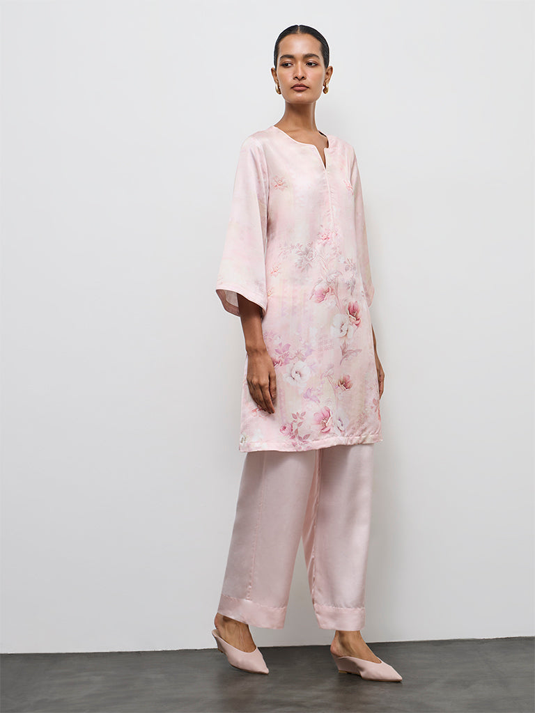 Zuba Pink Floral Printed A-Line Kurta
