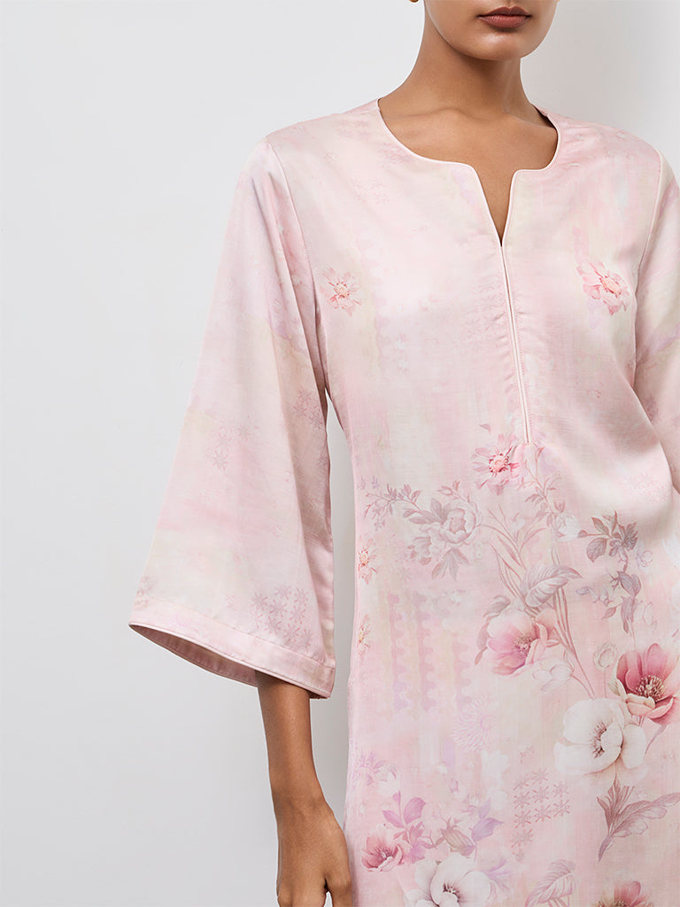 Zuba Pink Floral Printed A-Line Kurta