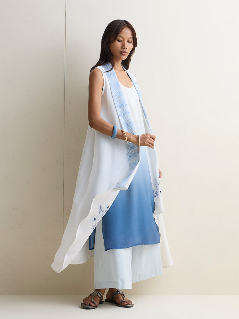 Zuba Blue Ombre-Finish Straight Silk Chanderi Kurta with Shrug