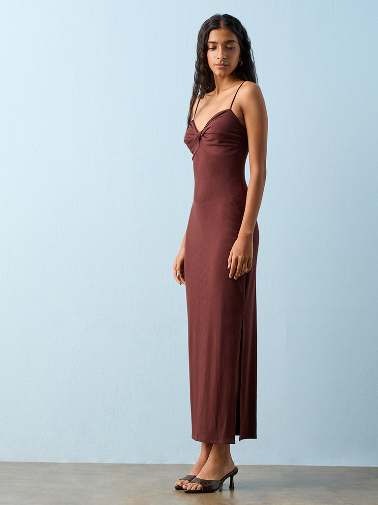 Nuon Brown Ribbed-Textured Bodycon Dress