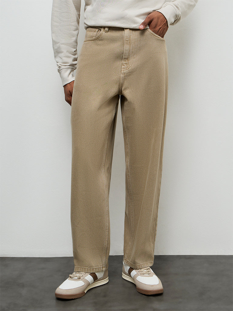 Nuon Taupe Solid Relaxed-Fit Mid-Rise Jeans