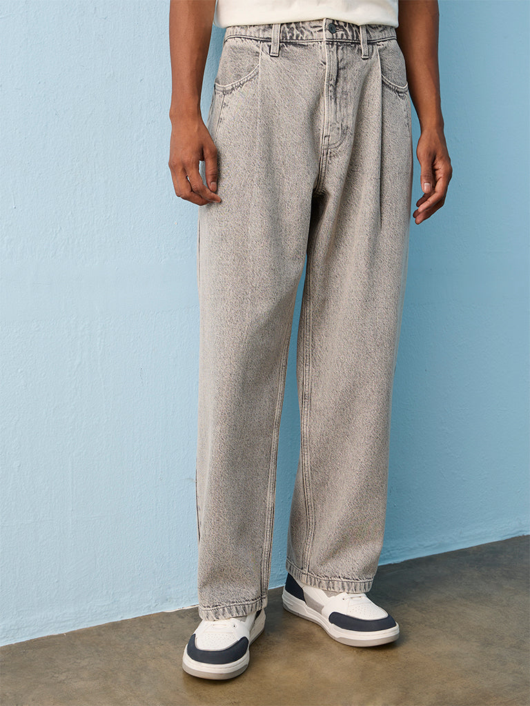 Nuon Grey Washed Barrel-Fit Mid-Rise Jeans