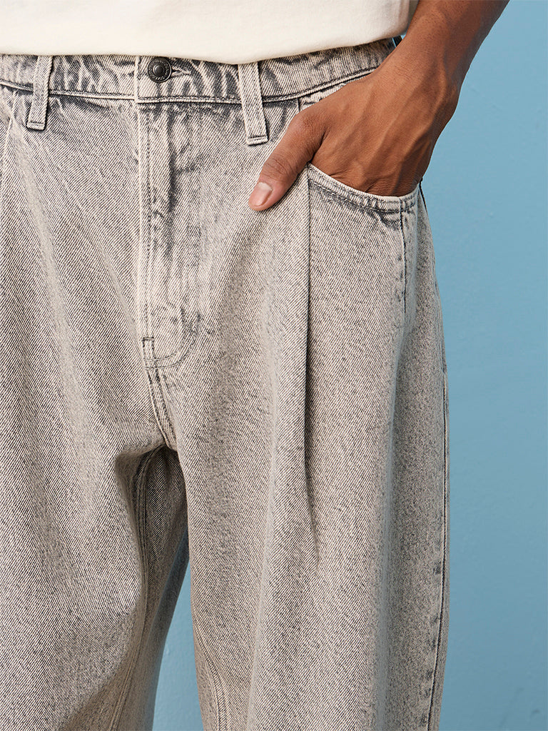 Nuon Grey Washed Barrel-Fit Mid-Rise Jeans