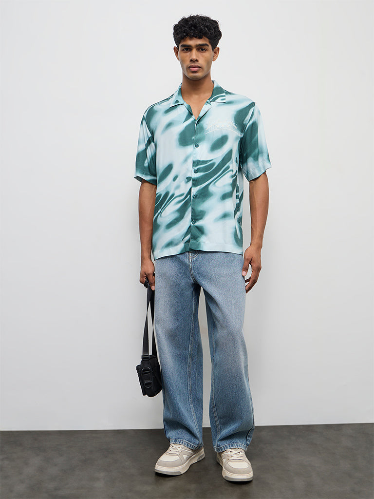 Nuon Teal Abstract Printed Relaxed-Fit Cotton Shirt