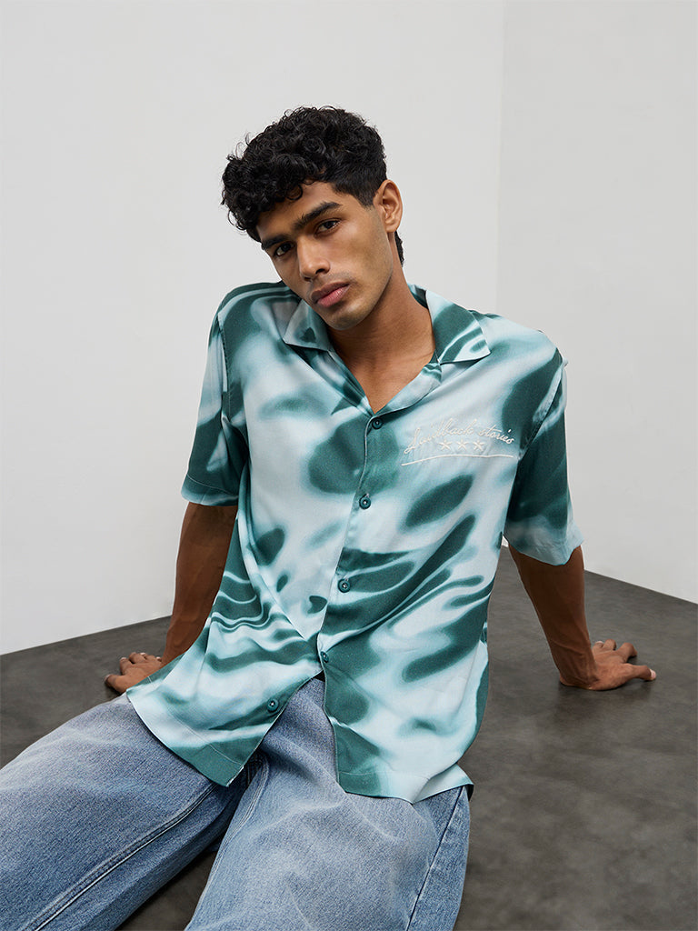 Nuon Teal Abstract Printed Relaxed-Fit Cotton Shirt