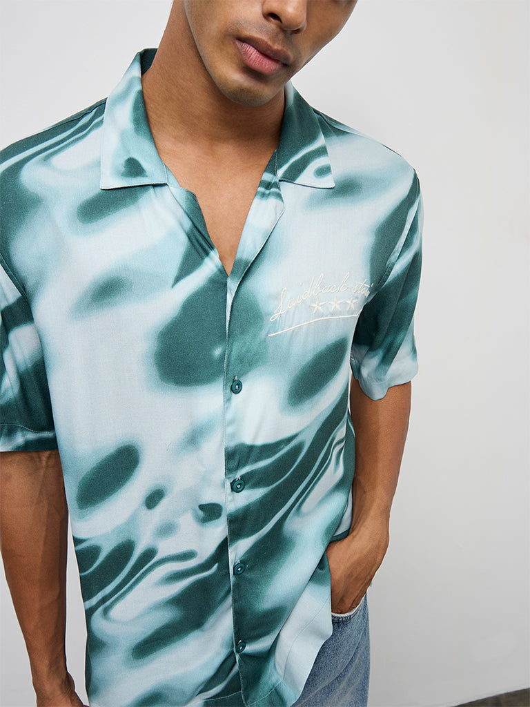 Nuon Teal Abstract Printed Relaxed-Fit Cotton Shirt