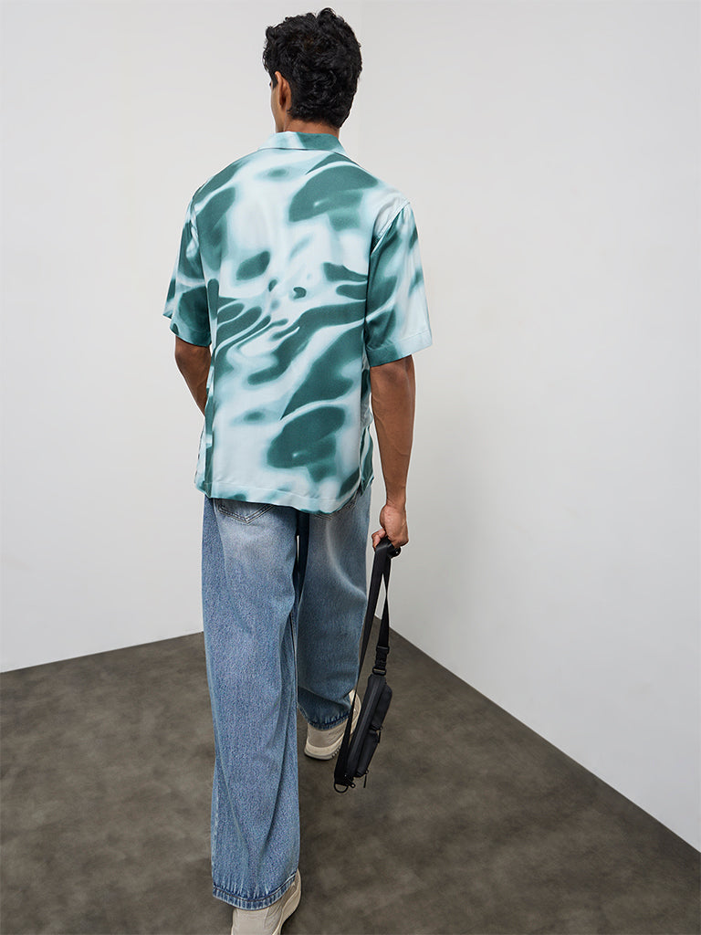 Nuon Teal Abstract Printed Relaxed-Fit Cotton Shirt