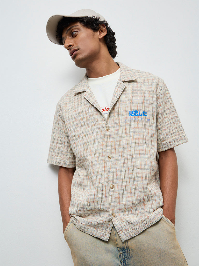 Nuon Beige Checkered Relaxed-Fit Cotton Shirt