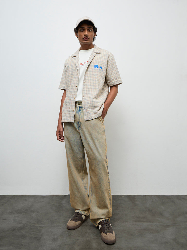 Nuon Beige Checkered Relaxed-Fit Cotton Shirt