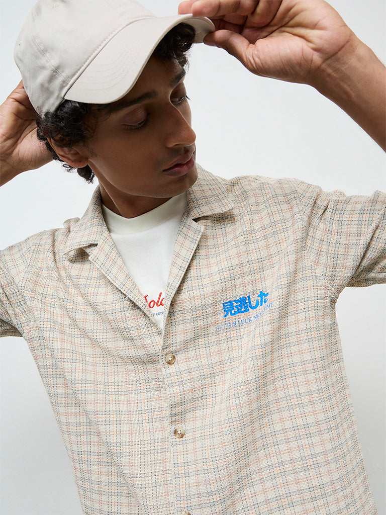 Nuon Beige Checkered Relaxed-Fit Cotton Shirt