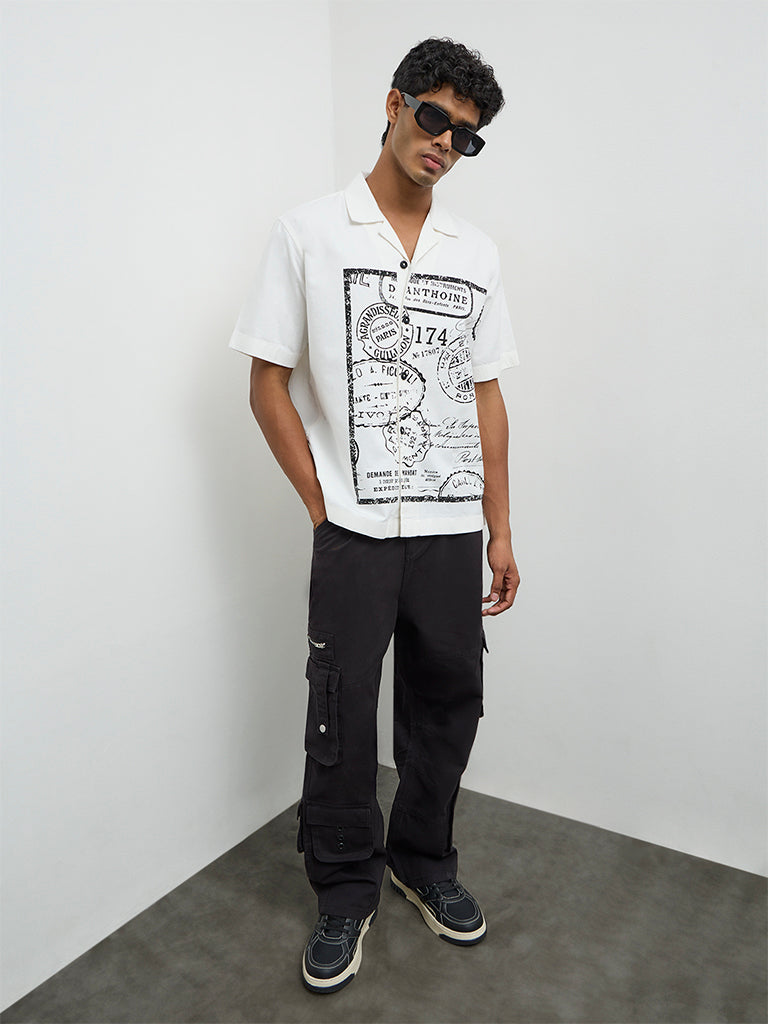 Nuon Off-White Printed Relaxed-Fit Cotton Shirt