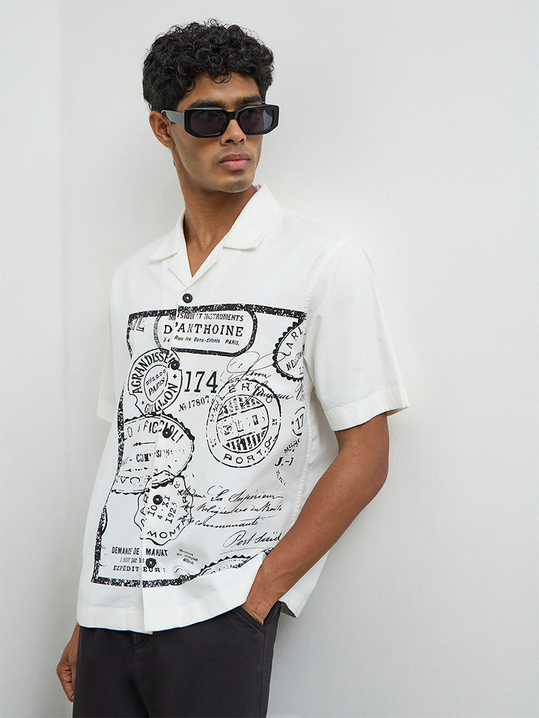 Nuon Off-White Printed Relaxed-Fit Cotton Shirt