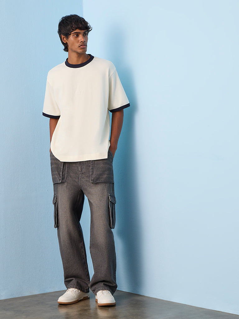 Nuon Off-White Embossed Relaxed-Fit Cotton-Blend T-Shirt