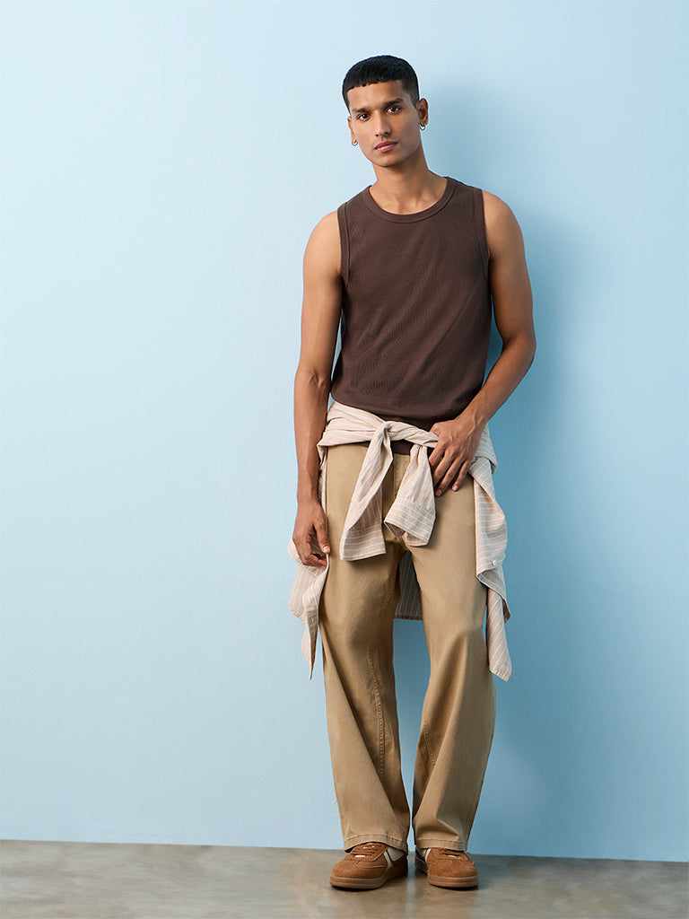 Nuon Brown Ribbed-Textured Relaxed-Fit Cotton-Blend T-Shirt