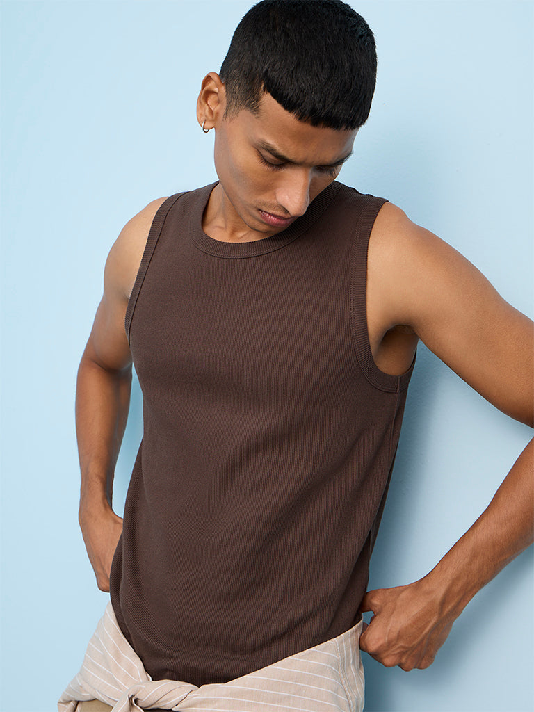 Nuon Brown Ribbed-Textured Relaxed-Fit Cotton-Blend T-Shirt