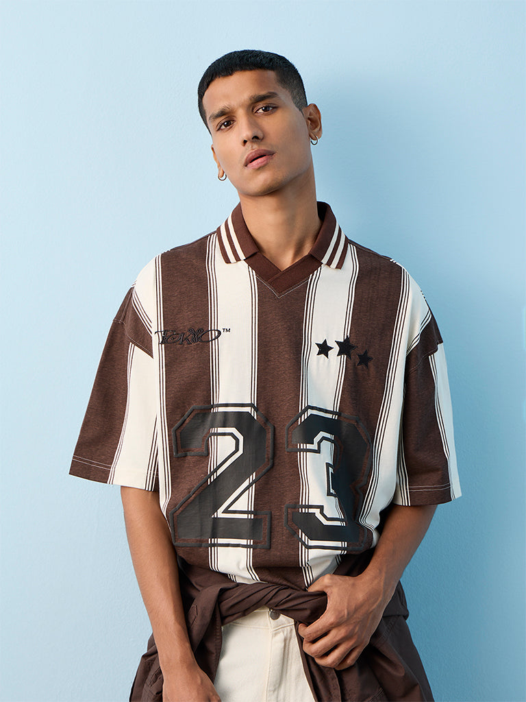 Nuon Brown Printed Relaxed-Fit Cotton T-Shirt