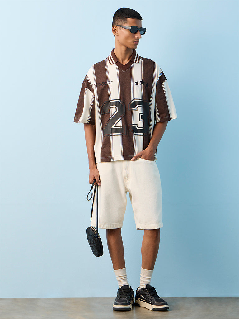 Nuon Brown Printed Relaxed-Fit Cotton T-Shirt