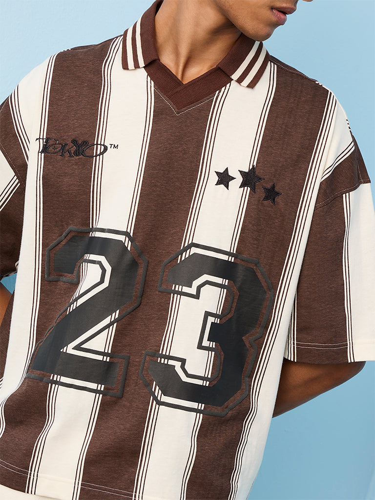 Nuon Brown Printed Relaxed-Fit Cotton T-Shirt